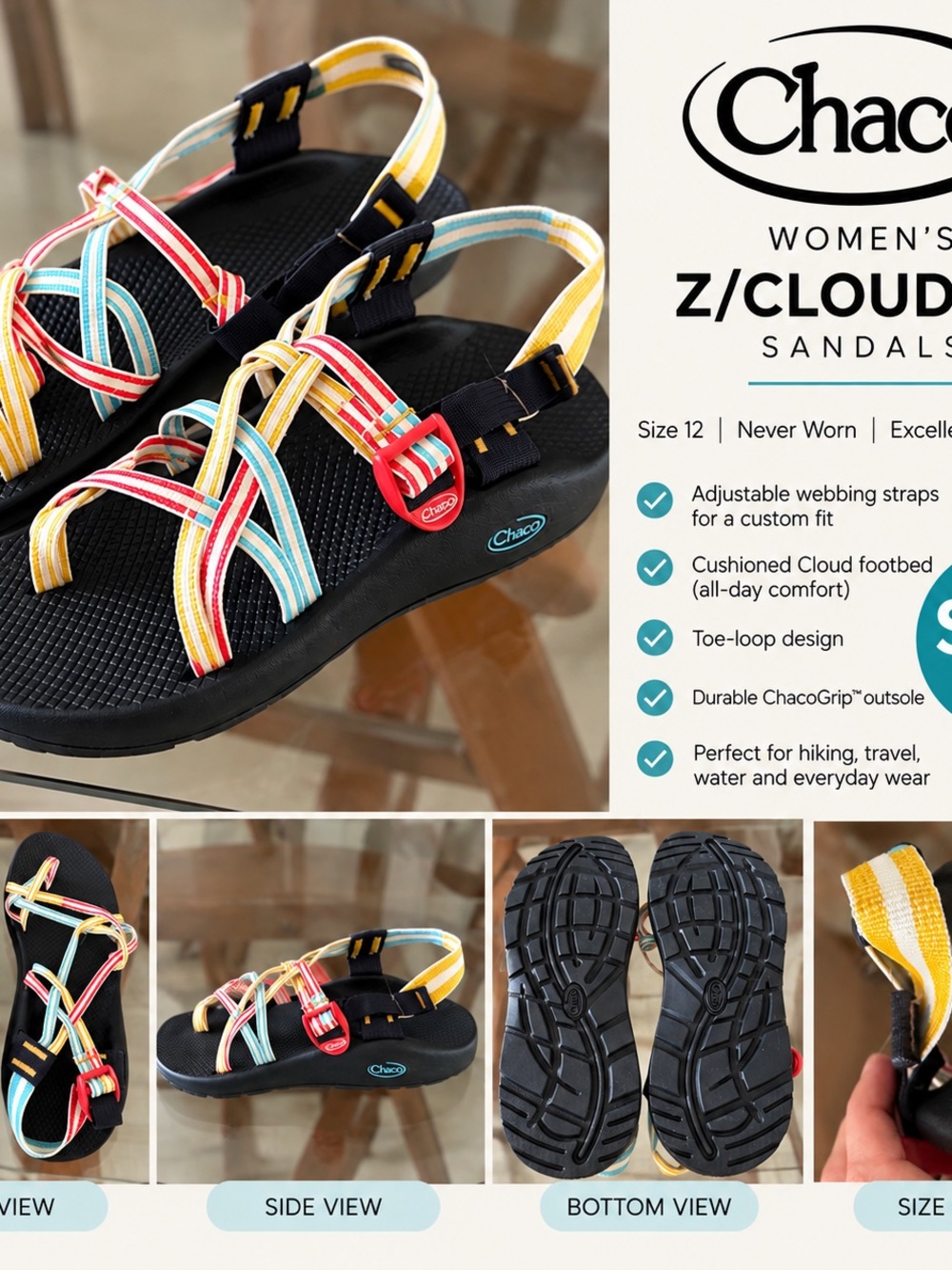 Chaco Women's Black Sandals with Yellow, Red & Light Blue Straps